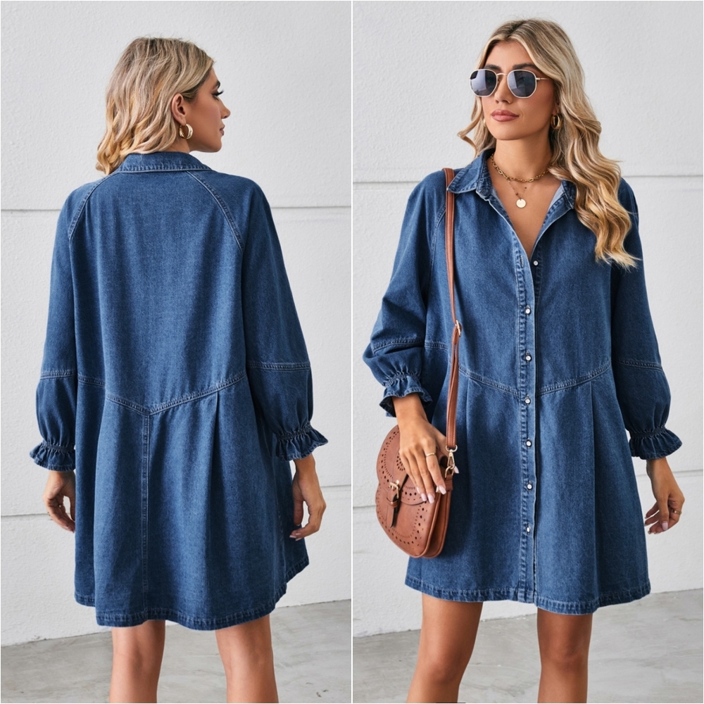 Flounce Dream Mini Denim Dress - Medium Blue - Picture 3 of 5